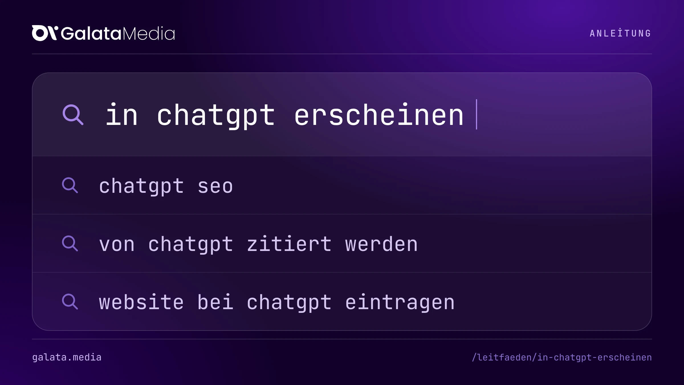 Suchanfragen, die diese Seite beantwortet: in chatgpt erscheinen, chatgpt seo, von chatgpt zitiert werden, website bei chatgpt eintragen.