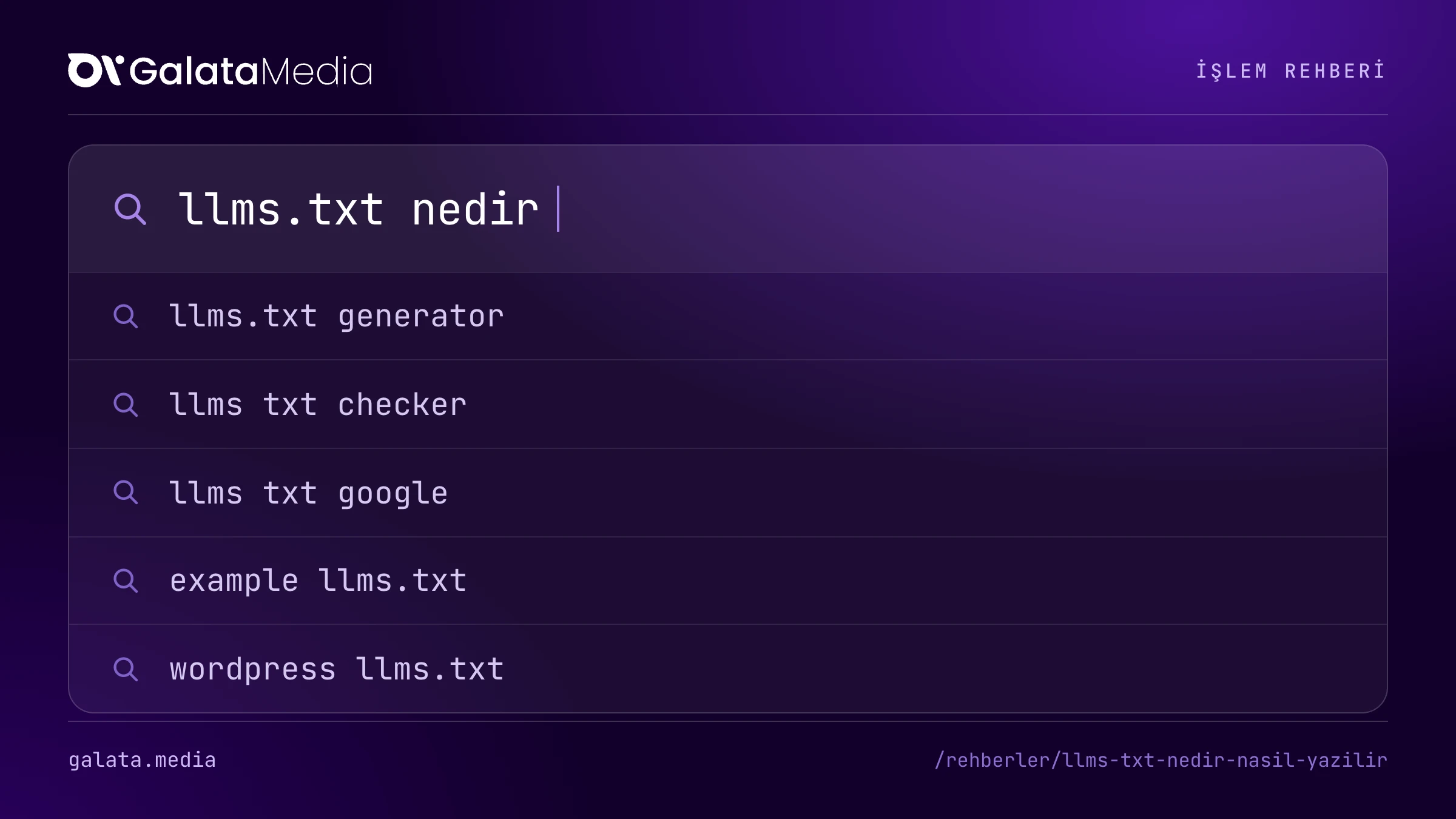 Bu sayfanın cevapladığı aramalar: llms.txt nedir, llms.txt generator, llms txt checker, llms txt google, example llms.txt, wordpress llms.txt.