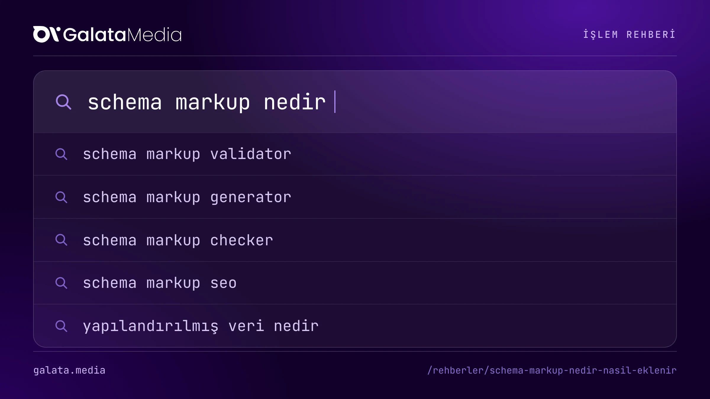 Bu sayfanın cevapladığı aramalar: schema markup nedir, schema markup validator, schema markup generator, schema markup checker, schema markup seo, yapılandırılmış veri nedir.